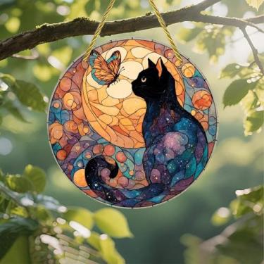 Imagem de Acrílico colorido Suncatcher, Cosmic Cat Meets Butterfly 18 cm pendurado janela parede decoração de arte com design de vitral impresso, ideia de presente e ornamento de jardim uso interno e externo