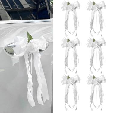 Imagem de 6 peças de flores decorativas de carro de casamento, flores artificiais brancas com laço para maçanetas e espelhos retrovisores, acessórios automotivos para chá de panela