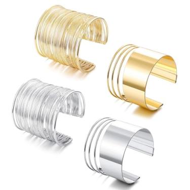 Imagem de Conjunto de 4 pulseiras femininas de arame aberto, polido, ajustável, dourado, prateado, One Size, Liga de aço, Sem Pedra Preciosa