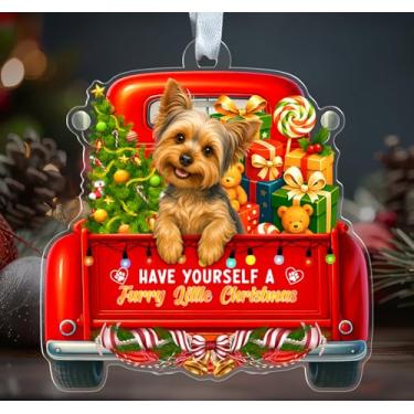 Imagem de Enfeite de acrílico Yorkshire Terrier - Have Yourself A Furry Little Christmas - Caminhão vermelho de Natal - Decoração festiva de Natal - Pendurado em árvore de Natal