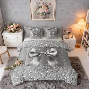 Imagem de Jogo de cama queen com laço de fita fofa em uma bolsa, 7 peças, conjunto de cama com laço de princesa Kawaii, conjunto de lençol e edredom com laço de aquarela com glitter cinza, estilo princesa
