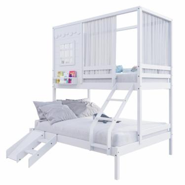 Imagem de Beliche Casinha Reta Casal- Solteiro Com Escorregador E Cortina Madeira Maciça Branco Housin