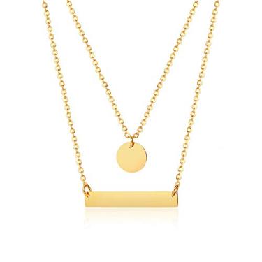 Imagem de Rockyu Colares de camada dupla para mulheres, banhado a ouro, aço inoxidável, disco redondo, medalha, pingente de barra horizontal, gargantilha simples de espinha de peixe, 40,6 cm, ajustável