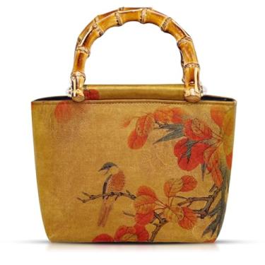 Imagem de Sacola, bolsas de pintura a óleo de cetim, alça de bambu natural, bolsa de ombro boêmia, adequada para viagens diárias, Amarelo, One Size