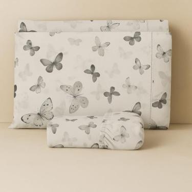 Imagem de Jogo de lençol algodão estampado com elástico todos tamanhos solteiro casal queen king size (CASAL, BORBOLETA CINZA)