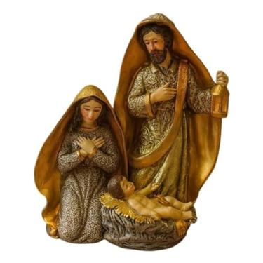 Imagem de Sagrada Família em Resina, Estátua Decorativa Natalina, Presépio com 3 Peças, Dourado e Cinza, Decoração de Natal