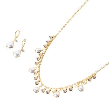 Imagem de Conjunto Feminino Semijoia Folheada Ouro 18k Colar Brincos com Pérola Gota e Micro Zircônia Cristal