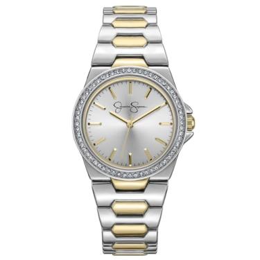 Imagem de Jessica Simpson Relógios femininos com diamantes de cristal, mostrador de 36 mm, relógio de pulso analógico de quartzo para mulheres – presentes exclusivos para ela (dourado) (Gun), Prata