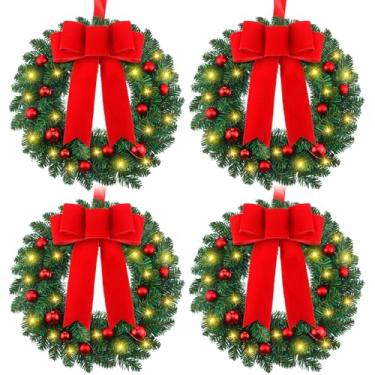 Imagem de VioraWhite 4 grinaldas de Natal com luzes, operadas por bateria, guirlandas de Natal artificiais de LED de 30,5 cm com bolas, fita de laço para decoração de pendurar na porta da frente do armário da