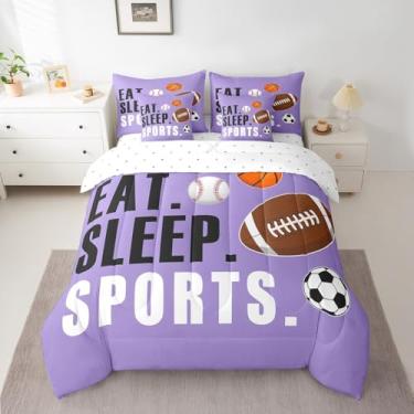 Imagem de Feelyou Conjunto de edredom esportivo tamanho solteiro, para meninos e meninas, presente para amantes de esportes, ultramacio, futebol, basquete, beisebol, respirável, leve, microfibra, roxo, bola