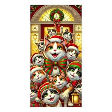 Imagem de BlissYard Merry Christmas Capa de porta de gatos 89 x 188 cm, faixa decorativa de porta com chapéus de Papai Noel, laços vermelhos, lenços verdes e guirlanda para exibições de Natal internas e