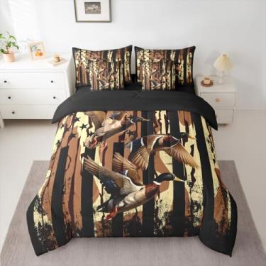 Imagem de Jogo de cama casal de 7 peças, camuflagem de pato selvagem, conjunto de edredom infantil com lençóis, fronhas e capa de almofada para meninas, bandeira americana em uma bolsa, respirável, macio