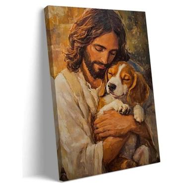 Imagem de Anypicrt Pôster de Jesus emoldurado Jesus Hugs Beagle Dog Wall Art Religioso Pintura em tela Impressão de Imagem Decoração de Parede Moderna para Quarto