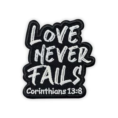 Imagem de MEIYSTICK Love Never Fails Remendos bordados com gancho e laço para mochilas, chapéus, colete para cães, tamanho da Bíblia, aplique tático de 7,6 cm para roupas, remendos de bordado religiosos para