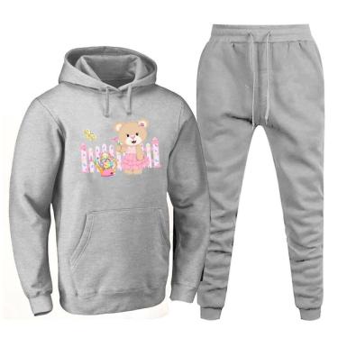 Imagem de Conjunto Abrigo Moletom Feminino Plus Size Canguru Numeraçao Especial Estampado Calça Cos Elastico