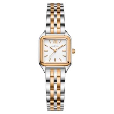 Imagem de AMOVAN Relógios dourados femininos, quartzo feminino atualizado com mostrador numeral romano, pulseira de aço inoxidável, caixa retangular, relógios de pulso vintage, ferramenta de ajuste incluída