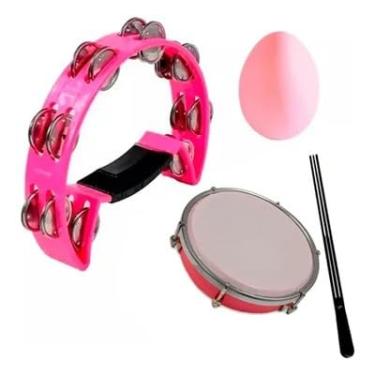Imagem de Tambor, Kit Percussão Rosa Pandeiro Meia Lua + Tamborim com Baqueta + Ovinho