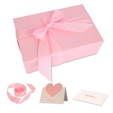Imagem de CANIYA Caixa de presente rosa 28 x 7,5 x 9 cm com tampa magnética, caixa de presente brilhante para presentes inclui fita alargada, cartão de amor, papel para aniversário, dia dos namorados, dia de