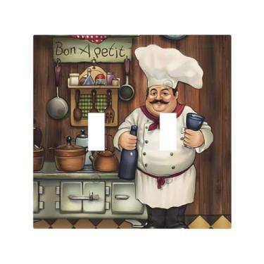 Imagem de JDAKHD Placa de cobertura para interruptor de luz retrô de chef gordo vintage medieval duplo interruptor decorativo placa de parede 2 gangues placa de comutação dupla placa elétrica cozinha