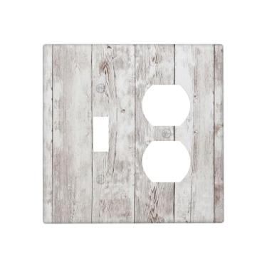 Imagem de Placa de cobertura de interruptor de luz rústica placa de grão de madeira cinza/branca para casa de fazenda, 2 placas decorativas de interruptor, 1 conjunto de interruptores duplex, capas de tomada