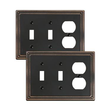 Imagem de TREEWELL Pacote com 2 placas de interruptor de luz duplex/duplo, placas decorativas de bronze envelhecidas e tampas de tomada, placas de parede de metal para tomadas elétricas