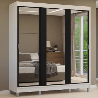 Imagem de Guarda-roupa Casal Com Pés 3 Portas De Correr De Espelho Branco Preto Reno Madesa