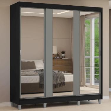 Imagem de Guarda-roupa Casal Com Pés 3 Portas De Correr De Espelho Preto Cinza Reno Madesa
