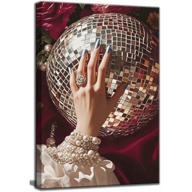 Imagem de Arte de parede retrô em tela com bola de discoteca vitoriana moda menina decoração de parede fotos vintage mão com pulseiras de pérolas pintura pôsteres para sala de estar, cozinha, banheiro