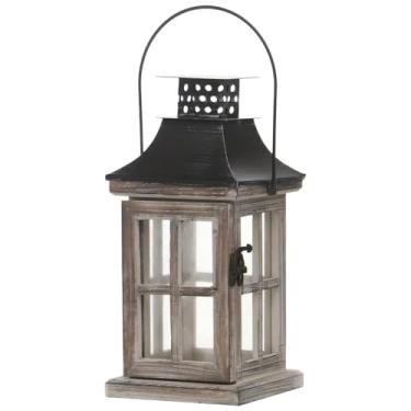 Imagem de Lanternas vintage, alça decorativa para castiçais, estilo rústico de madeira e metal com vidro transparente, para decoração de Natal em ambientes internos e externos, 4,7 x 4,7 x 25,9 cm / 12 x 12 x