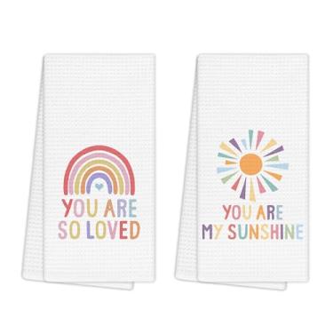 Imagem de EGBTL Conjunto de 2 toalhas de mão infantis, Boho Sunshine Rainbow Toalhas de mão para decoração de banheiro infantil, You are My Sunshine Gifts panos de prato toalha de prato para cozinha 40 x 61 cm