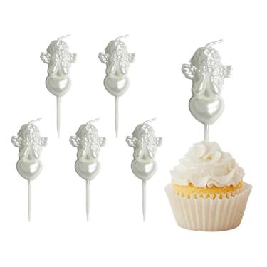 Imagem de 6 velas de anjo para bolo, velas brancas de aniversário, velas de bolo, decoração de topo de bolo para decoração de Natal, aniversário, igreja, aposentadoria, casamento, formatura, festas de