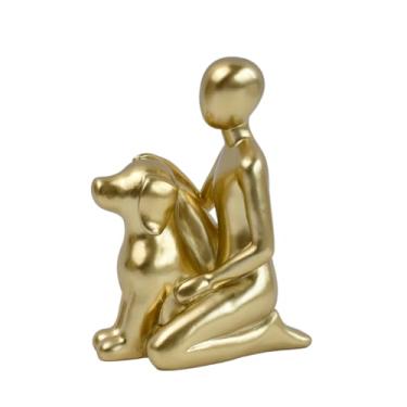 Imagem de SIETIOJI Estátua decorativa de resina para homem e cachorro, decoração de casa moderna, escultura memorial para animais de estimação, cinza (ouro)