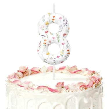 Imagem de Velas de aniversário de flores silvestres para bolo, velas número 8, decorações de aniversário, artigos de festa, topo de bolo de flores silvestres para decorações temáticas de festas para meninos e