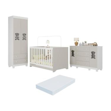 Imagem de Quarto de Bebê Completo c/Berço Americano 3 em 1 Colchão Fofura Multimóveis Mp4673 Branco/off White
