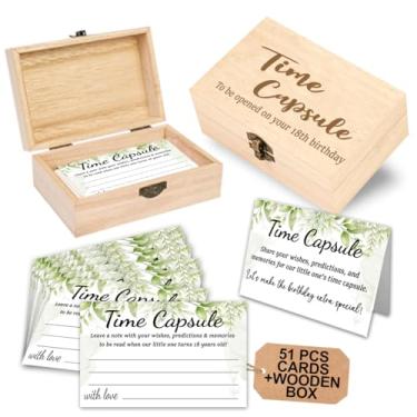 Imagem de SRZLQBL Caixa Time Capsule Caixa de lembrança de bebê de 1º aniversário, atividades de primeiro aniversário, lembrancinhas de festa para chá de bebê, decoração de jogos, 50 cartões de cápsulas de