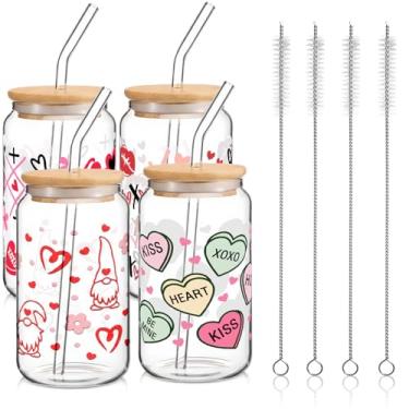 Imagem de Pacote com 4 xícaras de café dos namorados com tampas de 473 ml com tampas de bambu e canudo de vidro, copo de vidro para dia dos namorados que muda de cor, reutilizável, bebida gelada, presente para