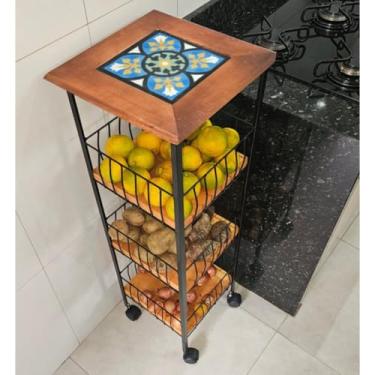 Imagem de Fruteira de Chão Com Rodinhas 3 Andares + 1 Prateleira Rústica Artesanal Ferro Ultra Resistente Pintura Eletrostática Madeira Maciça e Ladrilho Hidráulico Artesanal Anti Ferrugem (S03)