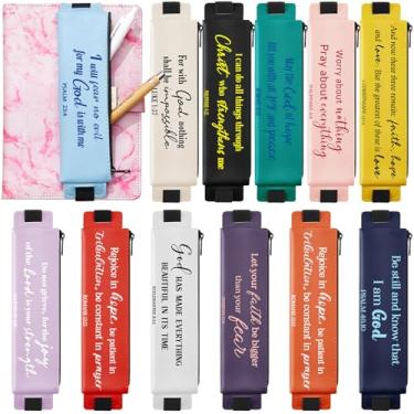 Imagem de Moinchore Porta-lápis ajustável cristão com 12 unidades, bolsa elástica, versículo bíblico, ajustável, porta-lápis de couro sintético destacável para cadernos, agendas, fichários e livros, atividades