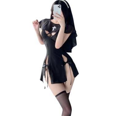 Imagem de Temptshow Women's sexy adult nun cosplay costume Halloween cosplay dress uniform lingerie (black3)