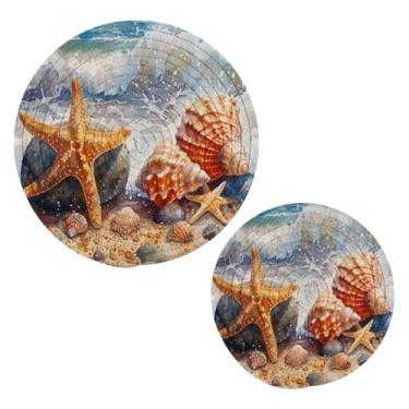 Imagem de Blueangle 2 peças de suporte de panela de concha coral e estrela do mar - conjunto de pegadores de panela de tecido redondo - almofadas quentes trançadas de algodão - porta-copos - tapetes de mesa
