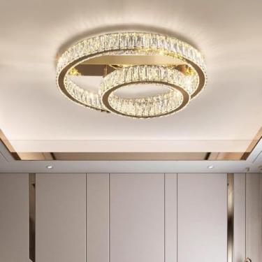 Imagem de Luminária de teto LED moderna e minimalista em estilo nórdico para quarto - Lâmpada de cristal super brilhante, nova luminária para quarto principal e sala de jantar (círculo duplo de 50 + 3