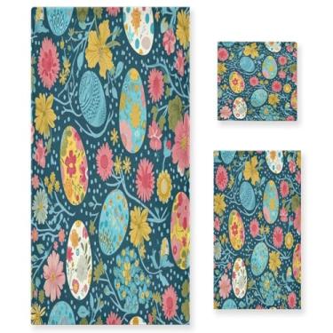 Imagem de Blueangle Conjunto de toalhas decorativas de banheiro com padrão de ovos de Páscoa, conjunto de 3 peças com toalha de banho, toalha de mão e toalha de banho (5)