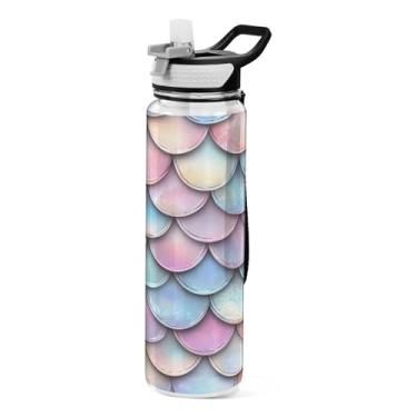 Imagem de ATTX Garrafa de água Mermaid Rainbow Scales, 947 ml, à prova de vazamento e livre de BPA, garrafas de água reutilizáveis de plástico Tritan para viagens, academia, fitness, corrida #123