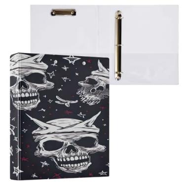 Imagem de Blueangle Fichário de 3 anéis com estampa de caveira colorida com prancheta e 2 bolsos - Organizador de documentos decorativos de 3 cm para escritório, suprimentos para reuniões (123)