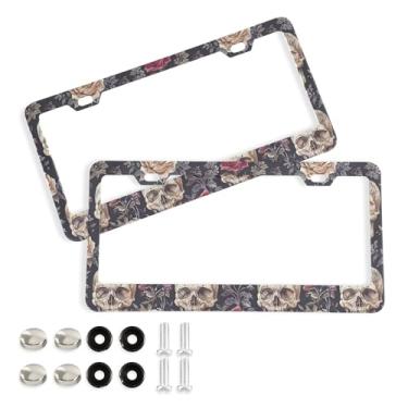 Imagem de SEHANY Molduras de placa de carro vintage rosa crânio, capas de alumínio à prova de ferrugem com furos elípticos e parafusos serve para veículos padrão dos EUA tamanho acessórios de carro para