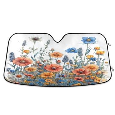Imagem de ATTX Pára-brisas de carro colorido flores silvestres 134.6 cm x 59.7 cm Protetor solar universal com proteção UV, persiana de janela frontal automática dobrável para caminhões Sedans SUVs #662