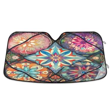 Imagem de ATTX Para-brisa de carro com azulejo têxtil oriental colorido 144.8 cm x 80.0 cm escudo solar universal com proteção UV, persiana de janela frontal automática dobrável para sedãs SUVs caminhões #564