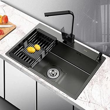 Imagem de HGTRH Pia de cozinha Retangular, Pia Embutida Aço inoxidável, Pia de Aço Inoxidável Preto Dispensador de Sabão Sifão Conjunto de Sobreposto e de Drenagem para Montagem na Superfície