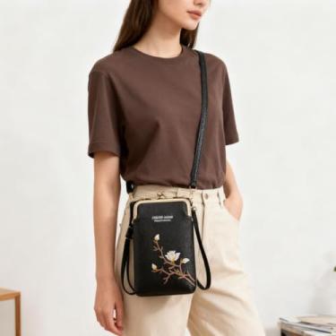 Imagem de Mini bolsa transversal feminina com bordado floral, pequena bolsa de couro para celular com alça ajustável, Preto