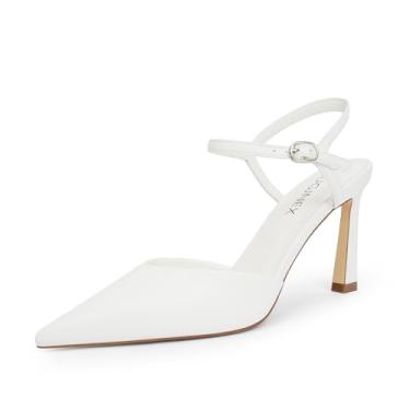 Imagem de VIUGJNEX Sapato feminino com bico fechado e bico fino e tira no tornozelo para festa de casamento, formatura, Branco, 35
